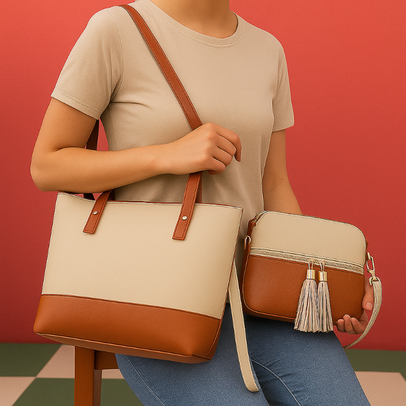 Person holding two beige and brown handbags against a red background