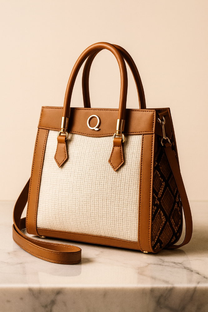 Brown handbag with a textured white panel on a marble surface