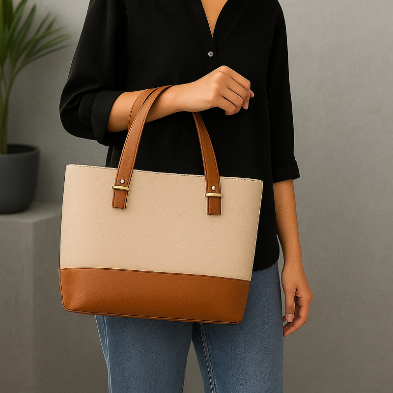 Person holding a beige and brown tote bag against a neutral background