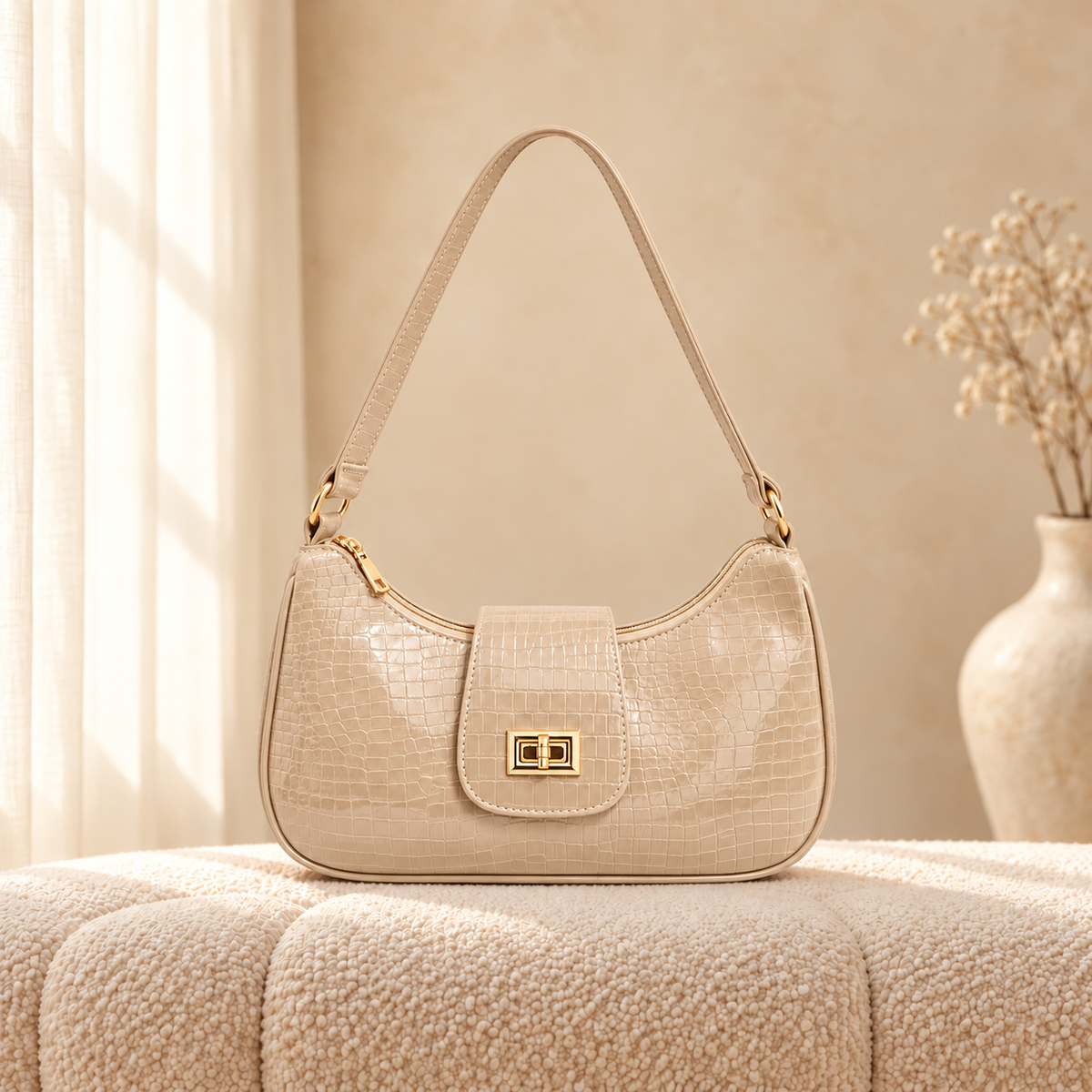 Amber Croc Shoulder Bag — Beige