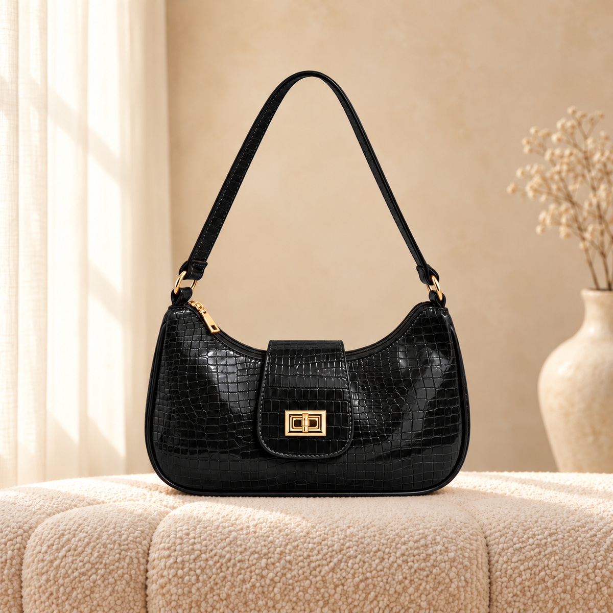 Amber Croc Shoulder Bag — Black