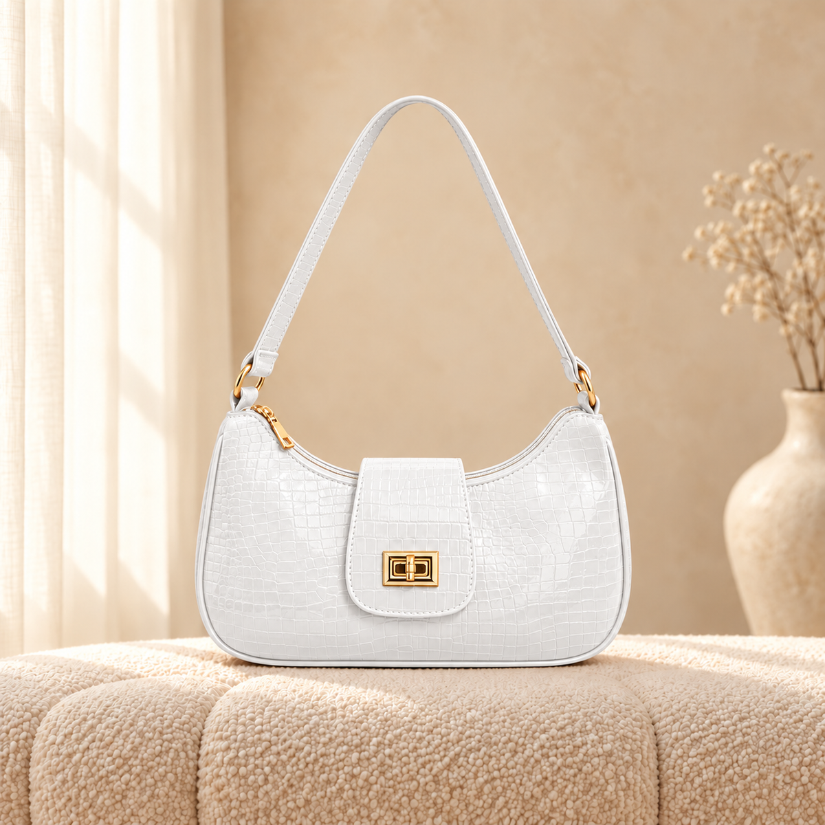 Amber Croc Shoulder Bag — White