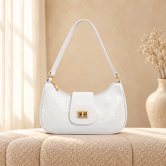 Amber Croc Shoulder Bag — White