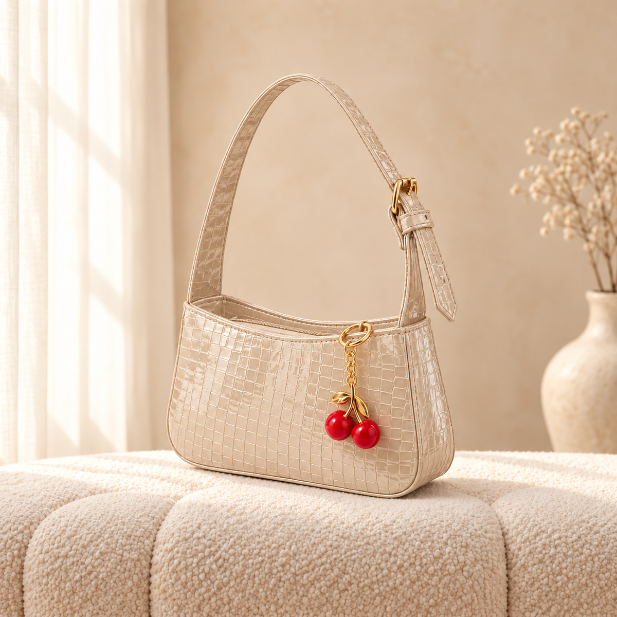 Sleek Croc Shoulder Bag with Chery Key chain — Beige