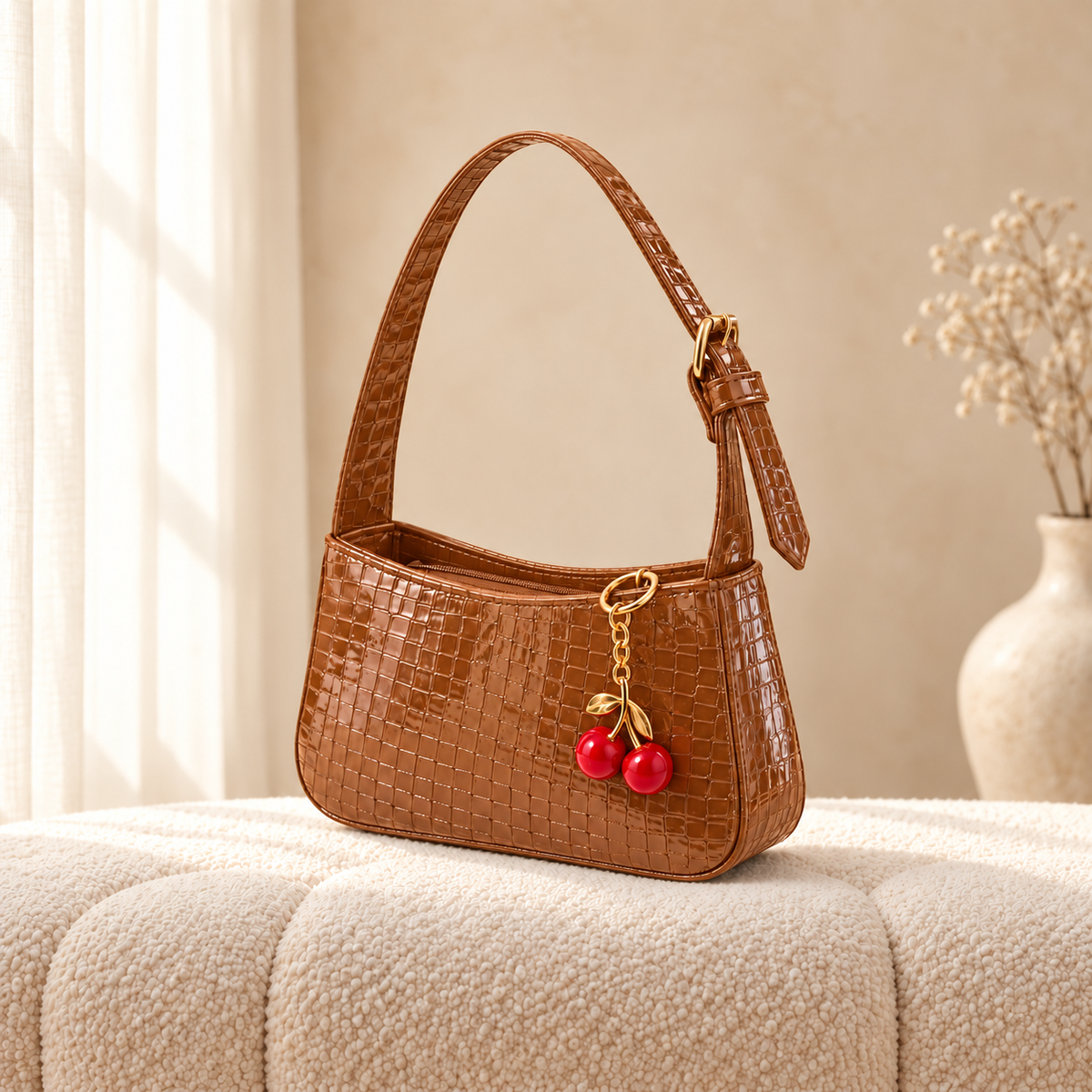 Sleek Croc Shoulder Bag with Chery Key chain — Tan