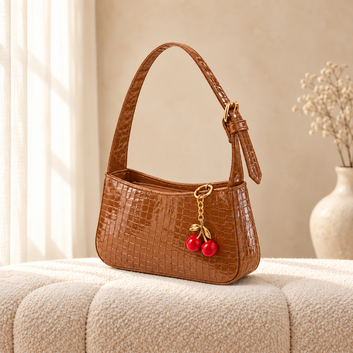Sleek Croc Shoulder Bag with Chery Key chain — Tan