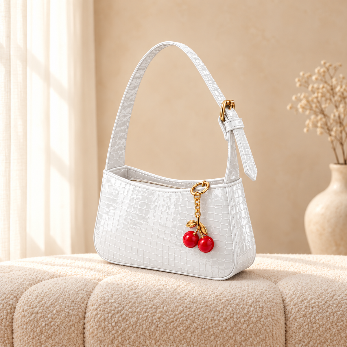 Sleek Croc Shoulder Bag with Chery Key chain — White