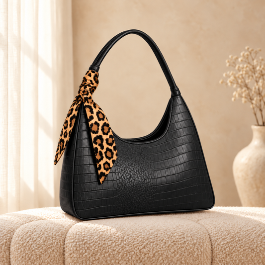 Croco Bag Tie Shoulder Bag — Black