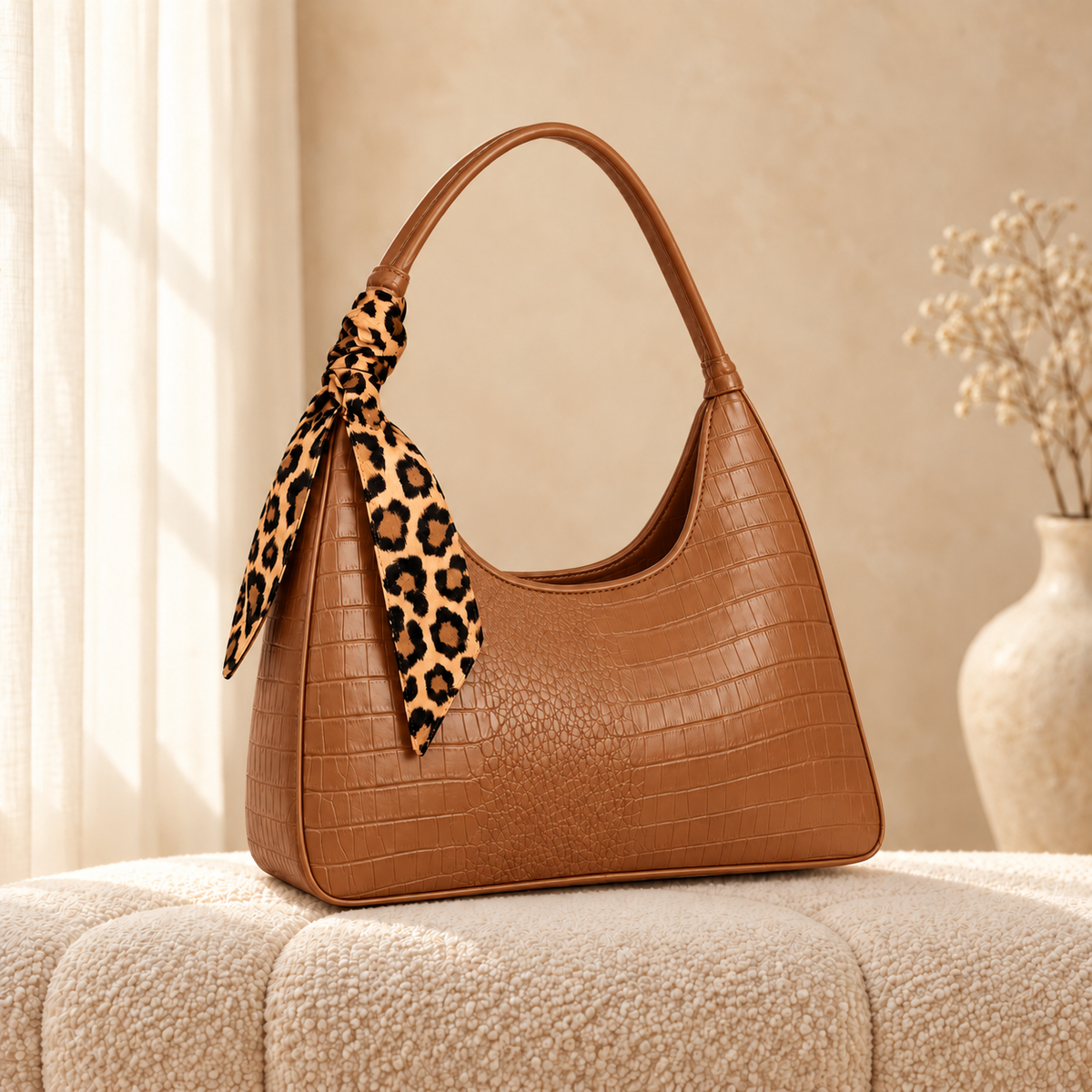 Croco Bag Tie Shoulder Bag — Tan