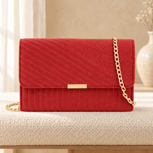 Line Embroidery Crossbody Bag for Women | Velvet Handbag | Quill — Red in cozy cream setting