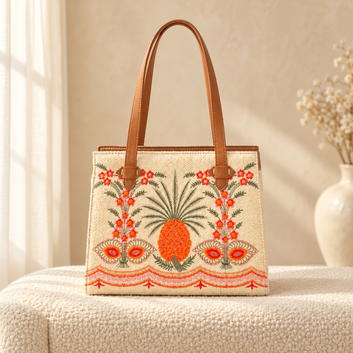 Embroidered Canvas Pineapple Tote Bag for Women in cozy cream setting