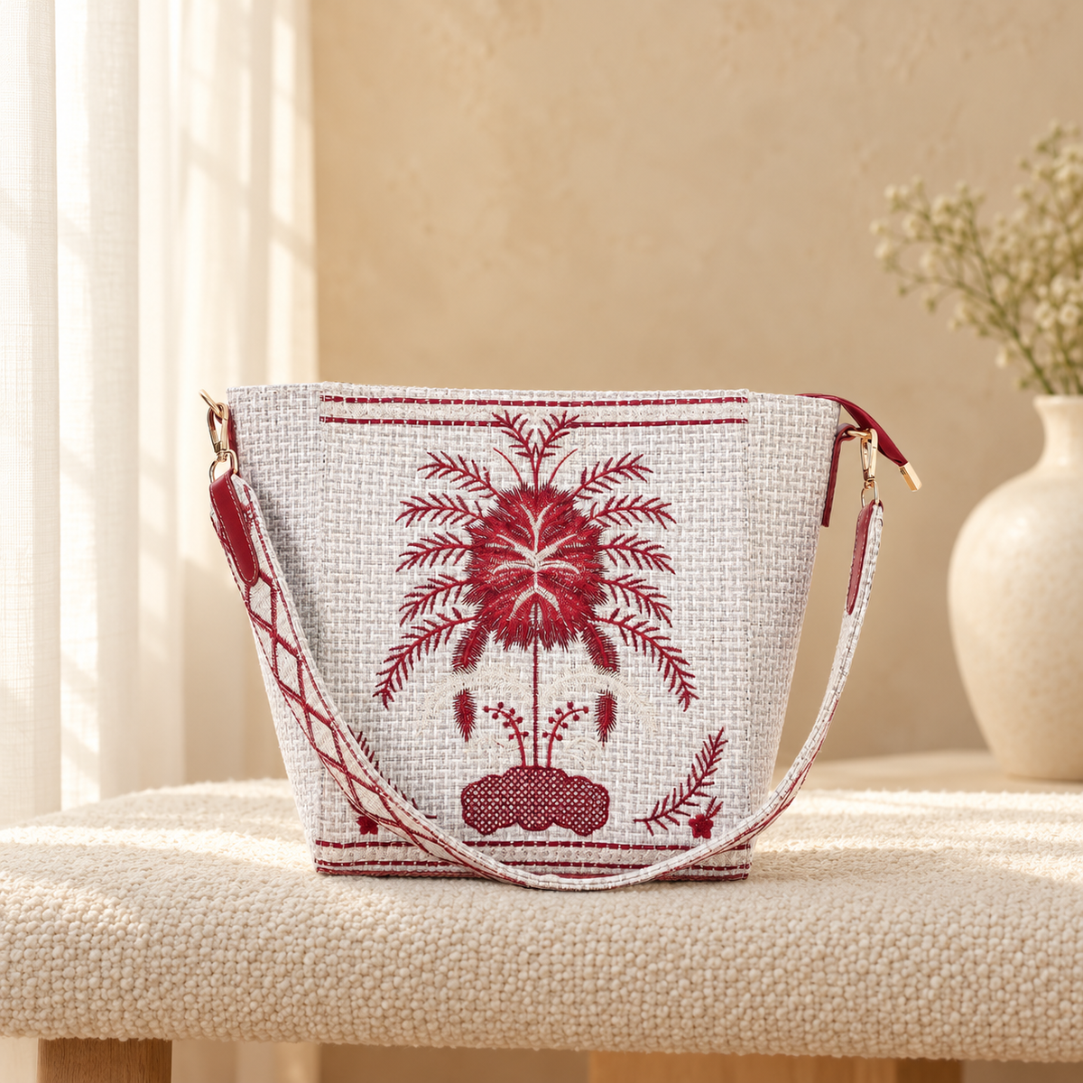 Crafted Canvas Tree Bag for Women | Embroidered Tote | Quill in cozy cream setting