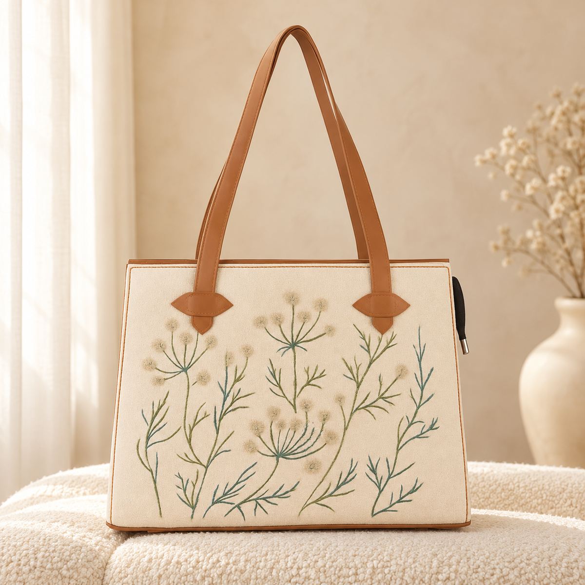 Whispering Leaves Embroidered Canvas Tote Bag for Women in cozy cream setting