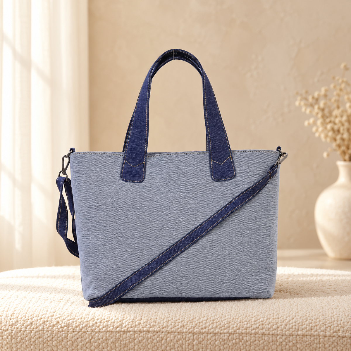Daisy Denim Tote Bag for Women | Quill Pakistan in cozy cream setting
