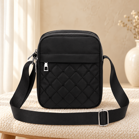 Nylon Shoulder Bag — Black in cozy cream setting