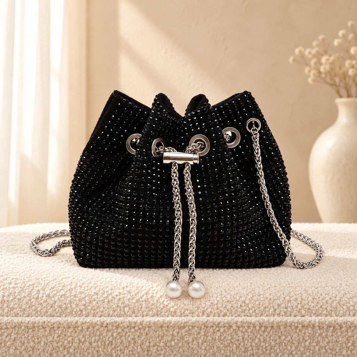 Black original product in cozy cream setting