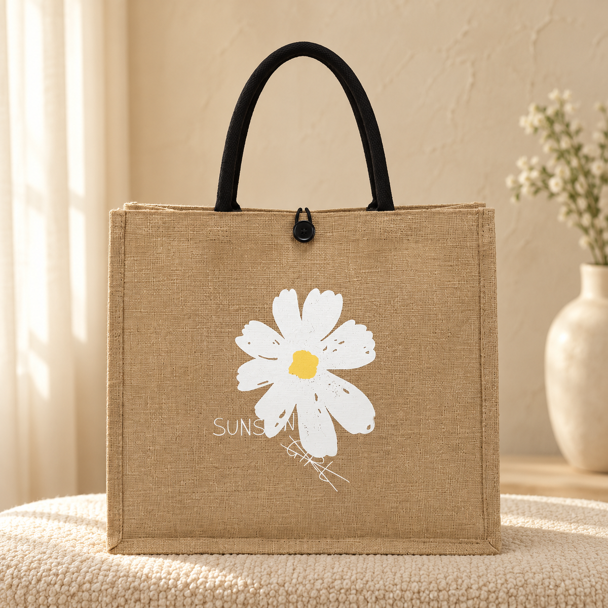White Flower Khaki Tote Bag for Women | Floral Canvas Bag | Quill in cozy cream setting