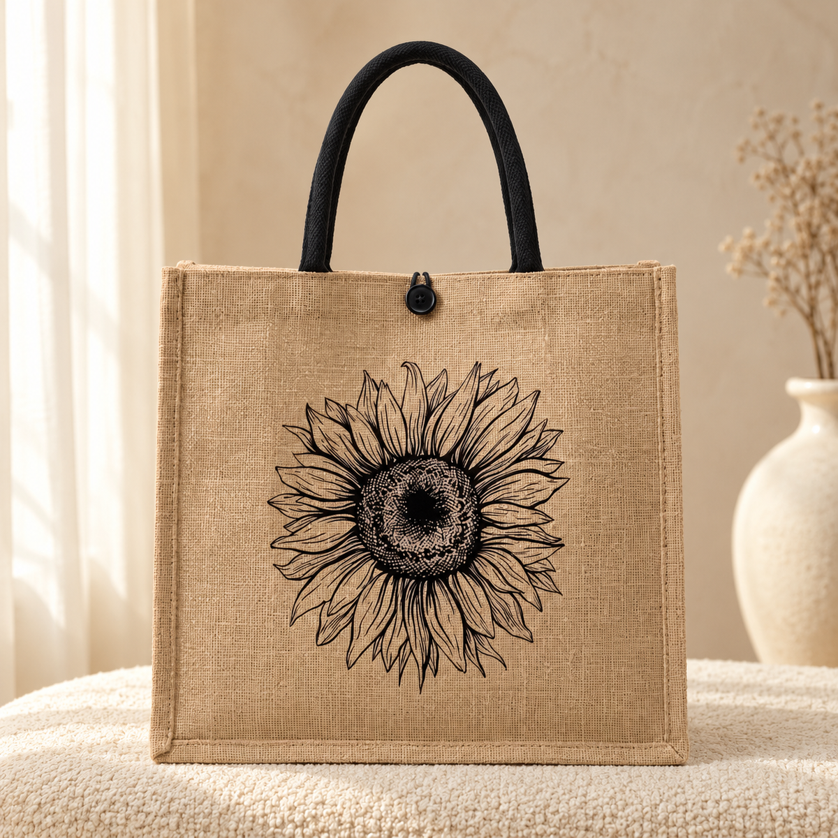 Elegant Flower Khaki Tote Bag for Women | Floral Handbag | Quill in cozy cream setting