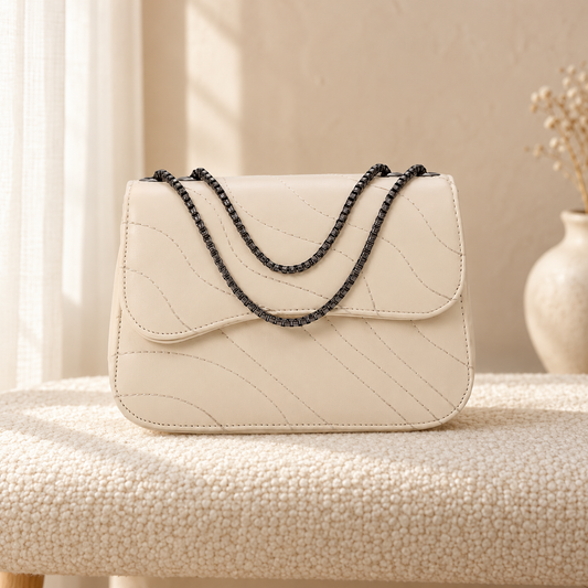 Wave Quilting Chain Strap Handbag for Women | Quill Pakistan — Beige Tan in cozy cream setting