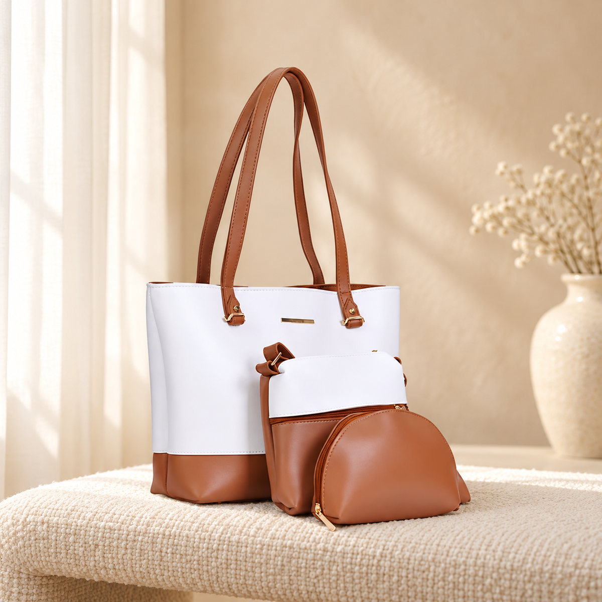 Liza 3 Piece Tote Bag Set for Women | Faux Leather Handbag | Quill in cozy cream setting
