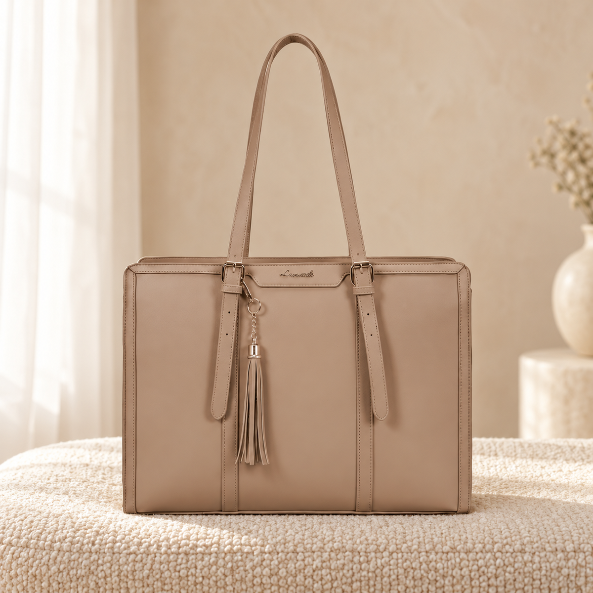 Gold Accent 2 Piece Laptop Tote Bag for Women | PU Leather | Quill in cozy cream setting