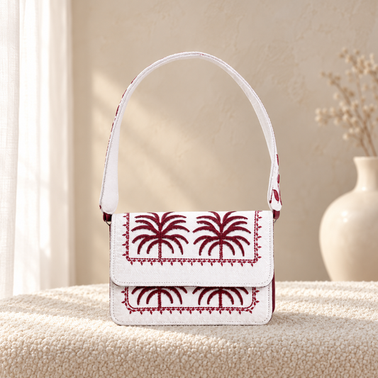 Palm Groove Shoulder Bag for Women | Everyday Handbag Pakistan | Quill — Maroon Red in cozy cream setting