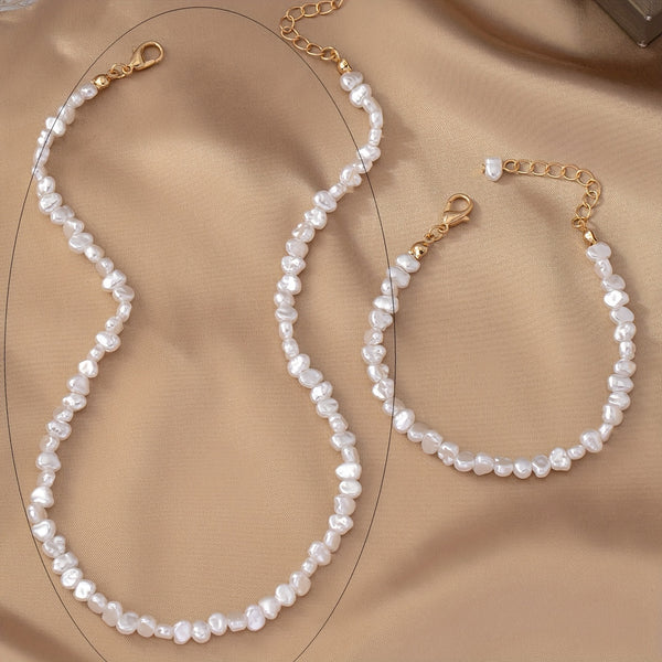 Elegant Golden-Tone Imitation Pearl Necklace & Bracelet