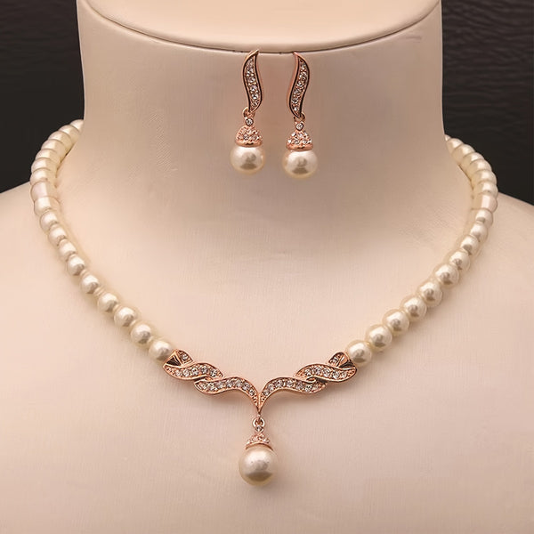 Glass Pearl Alloy Inlaid Necklace Set with Earings