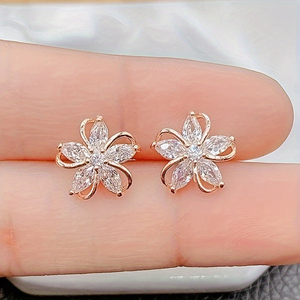 Elegant Rose Golden Cubic Zirconia Flower Stud Earrings