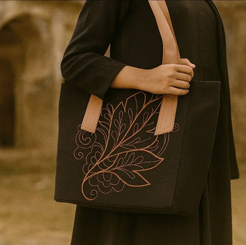 Canvas Large Leaf Tote Bag for Women | Embroidered Handbag | Quill