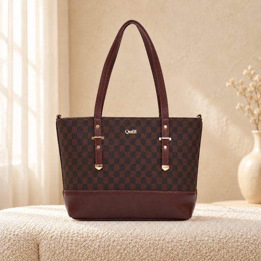 Check Liza Tote — Brown, front view in cozy cream setting