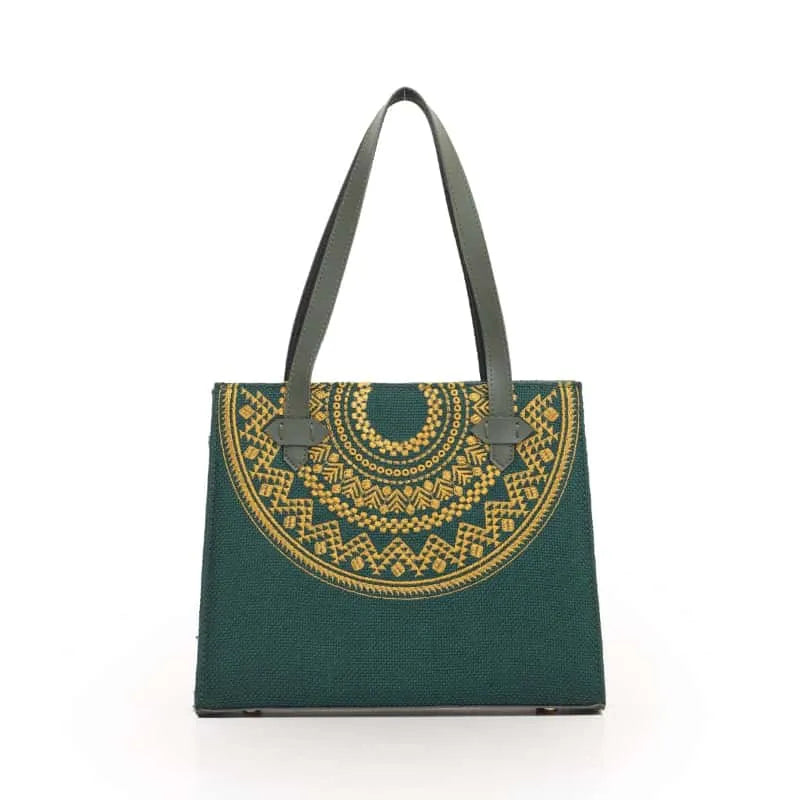 Necklace Blossom Golden Embroidery Canvas Bag for Women | Quill Green original product photo