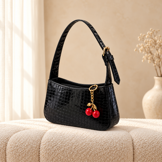 Sleek Croc Shoulder Bag with Chery Key chain in cozy cream setting