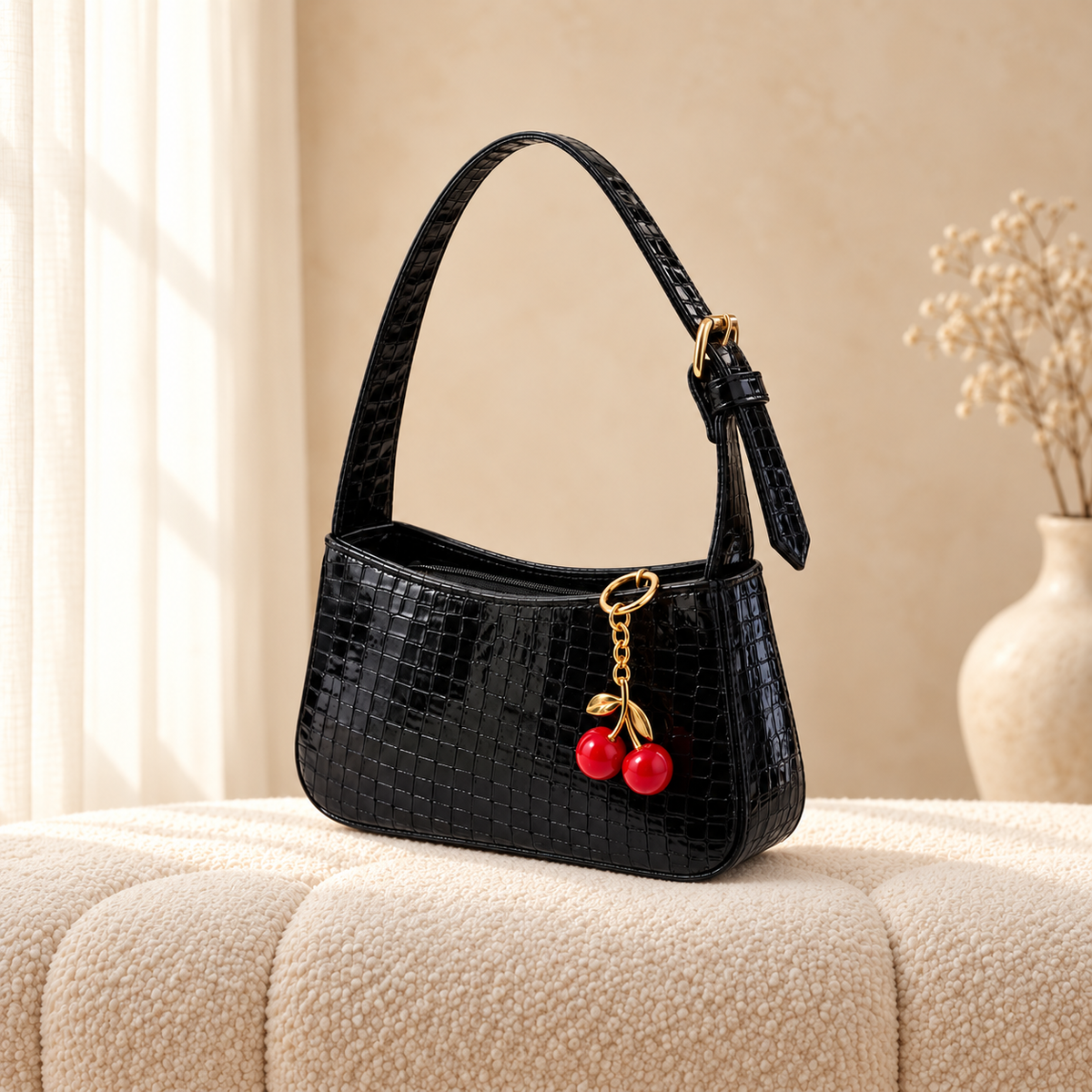 Sleek Croc Shoulder Bag with Chery Key chain — Black