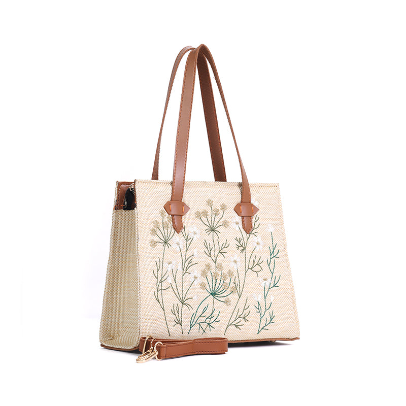 Whispering Leaves Embroidered Canvas Tote Bag for Women