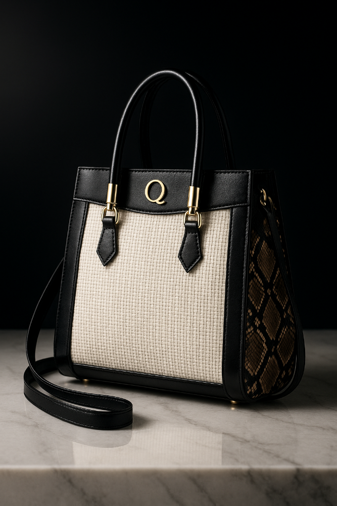 Designer handbag with black and beige pattern on a marble surface
