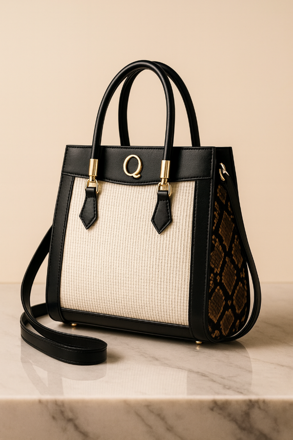 Black and white handbag with gold accents on a marble surface