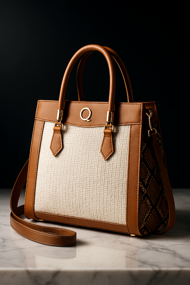 Brown and beige handbag on a marble surface with a dark background