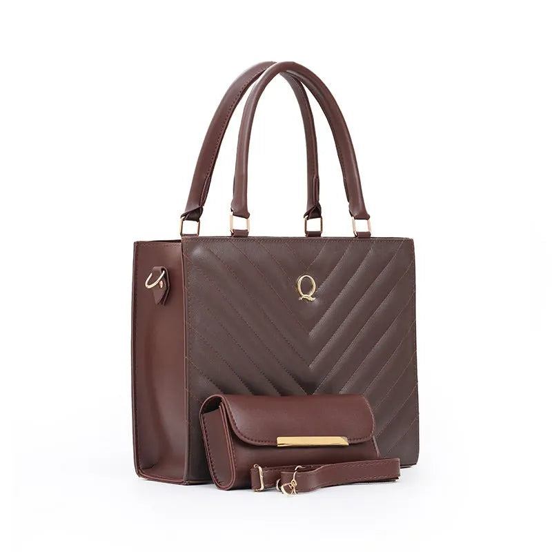 V Tote 2 Piece Tote Bag Set for Women | Handbag Pakistan | Quill Brown original product photo