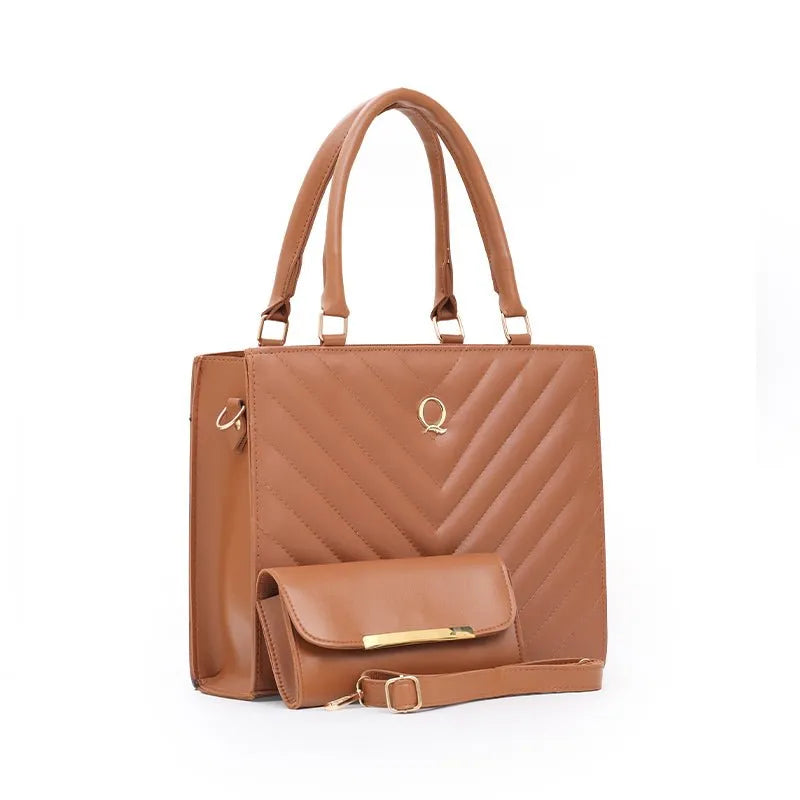 V Tote 2 Piece Tote Bag Set for Women | Handbag Pakistan | Quill Tan original product photo