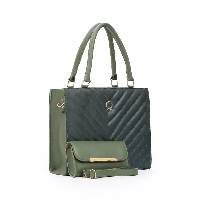 V Tote 2 Piece Tote Bag Set for Women | Handbag Pakistan | Quill Green original product photo