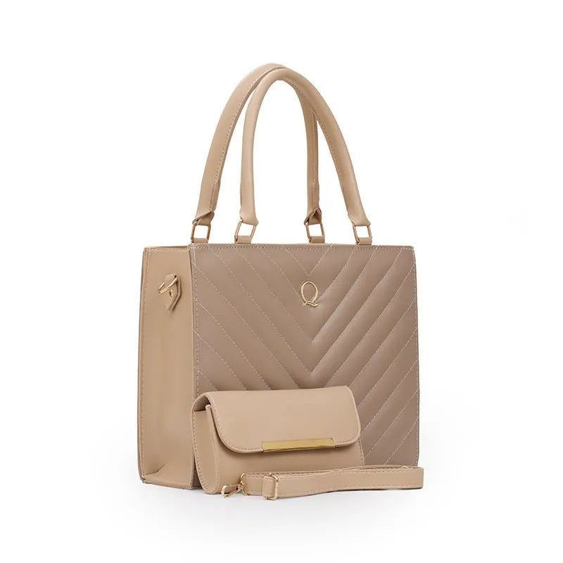 V Tote 2 Piece Tote Bag Set for Women | Handbag Pakistan | Quill Beige Tan original product photo