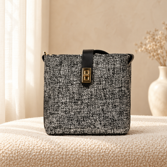 Natural Jute Shoulder Bag for Women — Eco-Friendly Handbag — Black in cozy cream setting