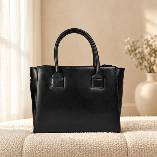 Triple-Zip Tote Bag for Women — Structured Everyday Handbag — Black in cozy cream setting