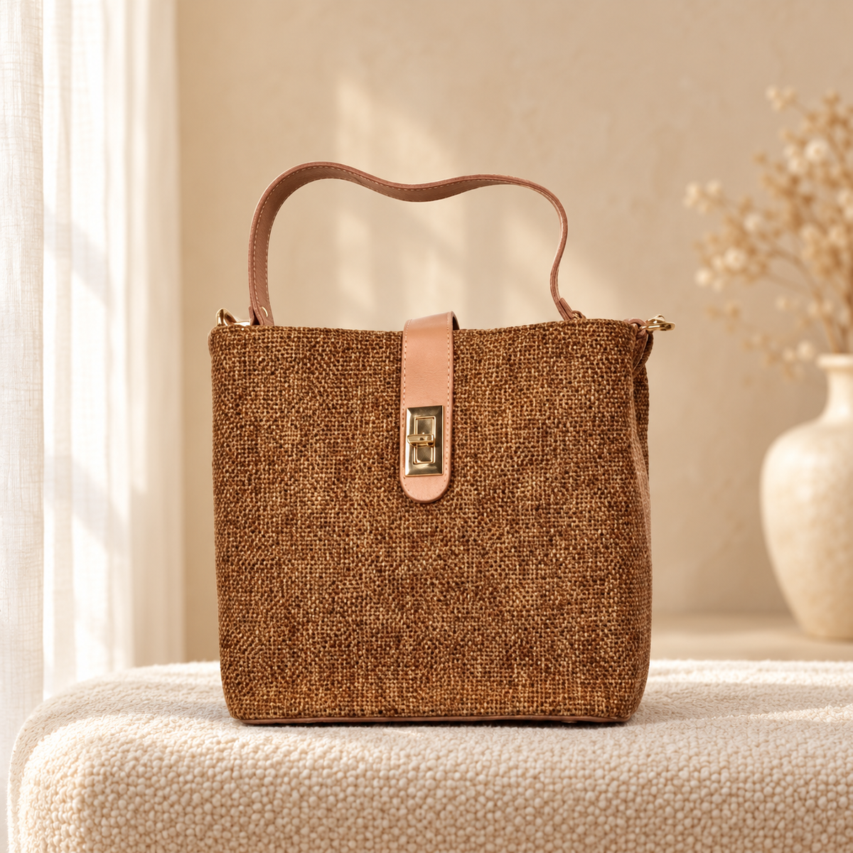Natural Jute Shoulder Bag for Women — Eco-Friendly Handbag Brown in a cozy cream setting