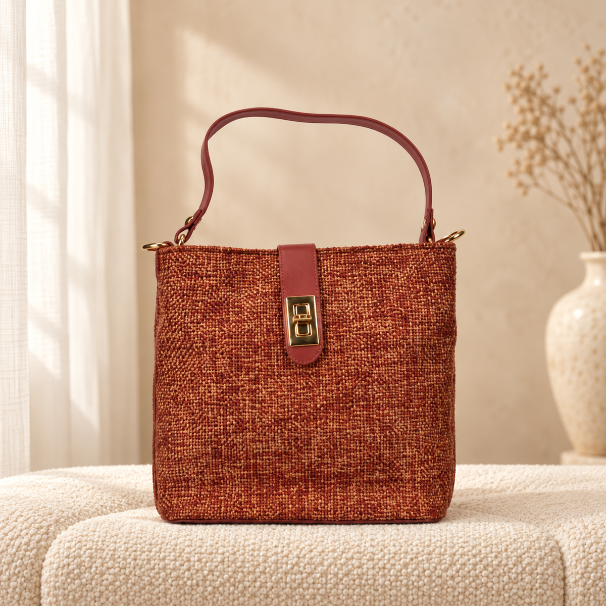 Natural Jute Shoulder Bag for Women — Eco-Friendly Handbag maroon in a cozy cream setting