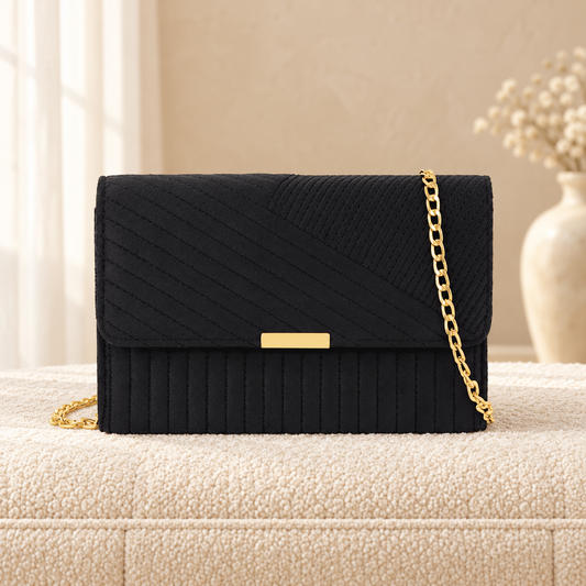 Line Embroidery Crossbody Bag for Women | Velvet Handbag | Quill Black in a cozy cream setting