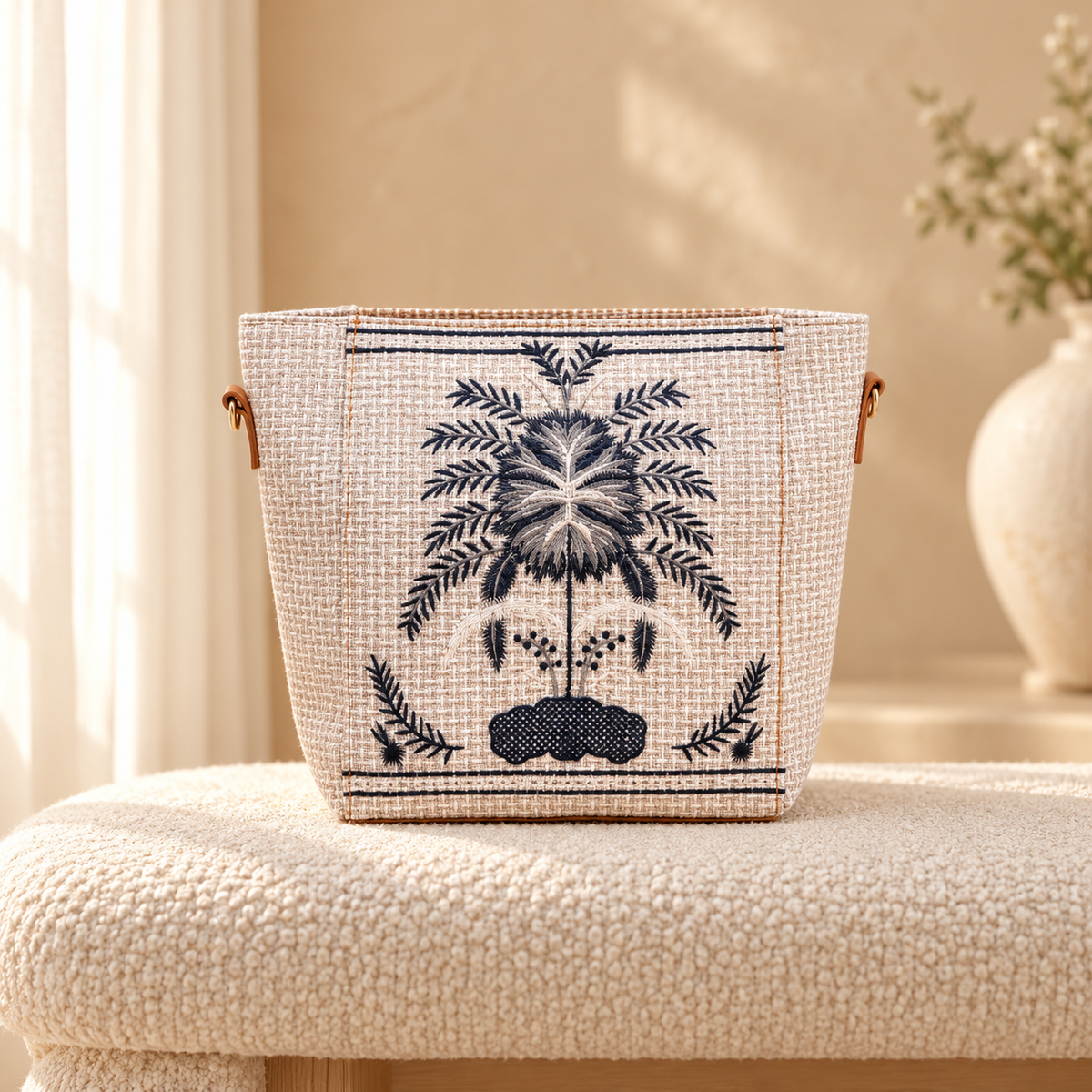 Crafted Canvas Tree Bag for Women | Embroidered Tote | Quill White in a cozy cream setting