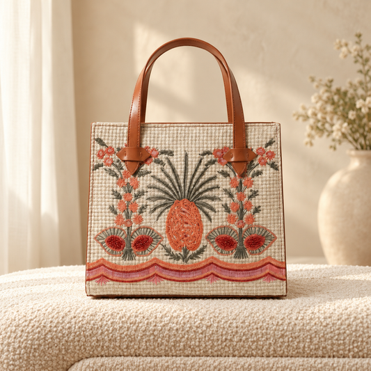 Embroidered Canvas Pineapple Tote Bag for Women — Orange in cozy cream setting