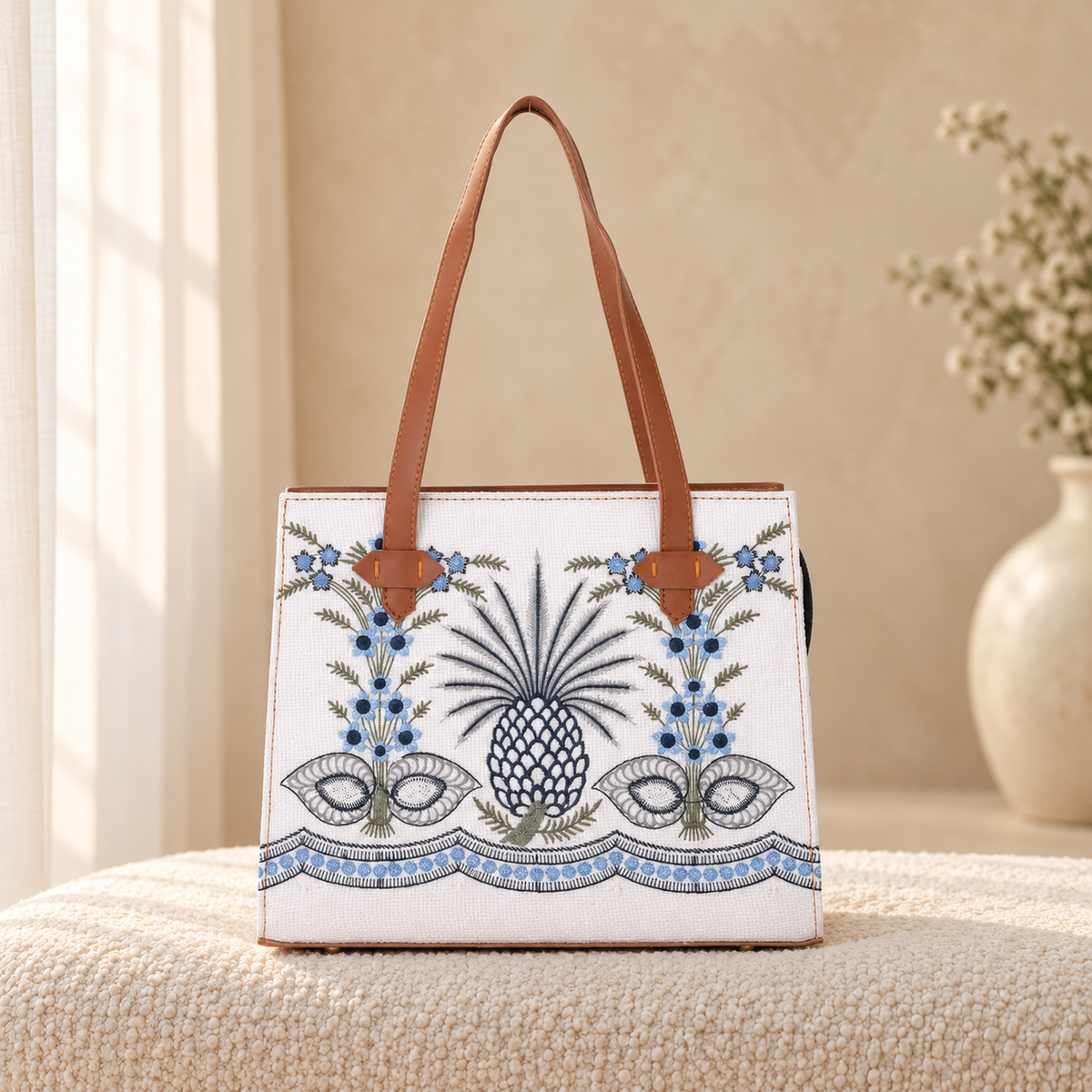 Embroidered Canvas Pineapple Tote Bag for Women White in a cozy cream setting